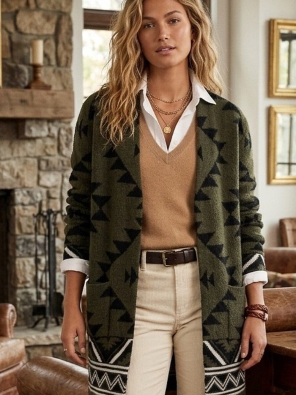 Frye Olive Green and Black Geometric Open-Front Cardigan